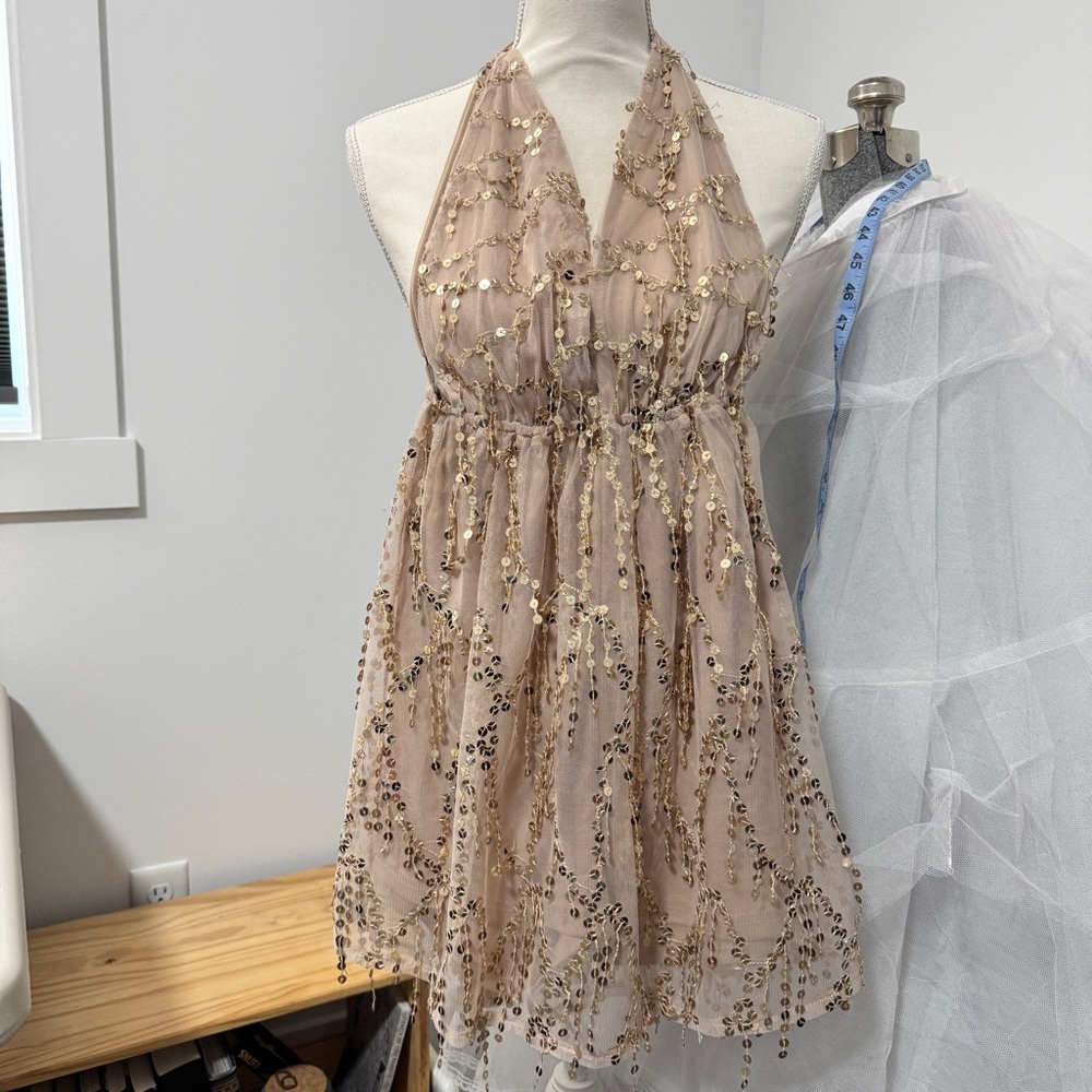 Sequin Halter Dress in Beige and Gold